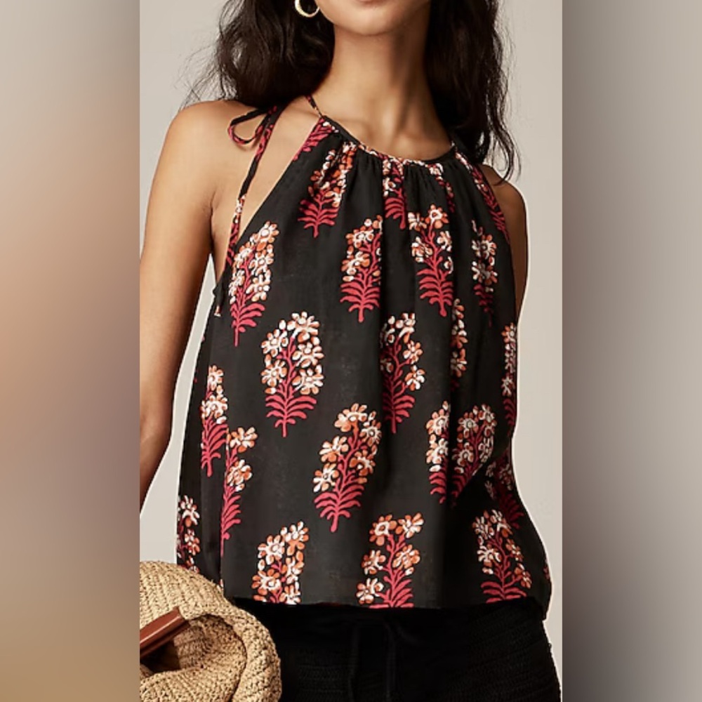 J Crew | Tie-shoulder tank top in cocoa block-print cotton voile | Like-New